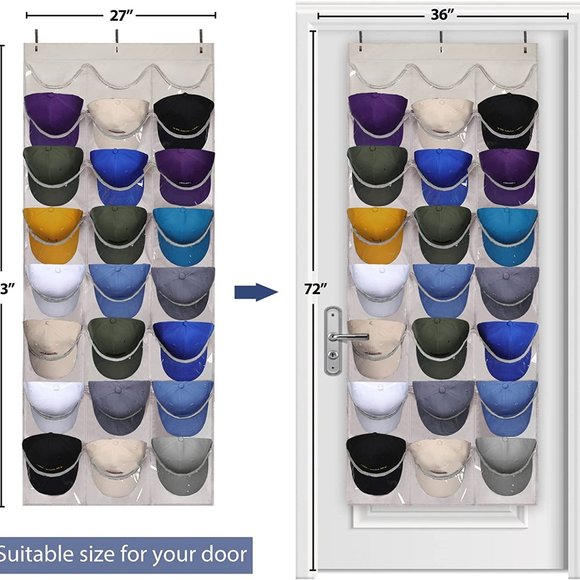 24 Deep Pockets, Hat Organizer, Hat Rack, Wall Door with 3 Hooks, White - Picture 5 of 7